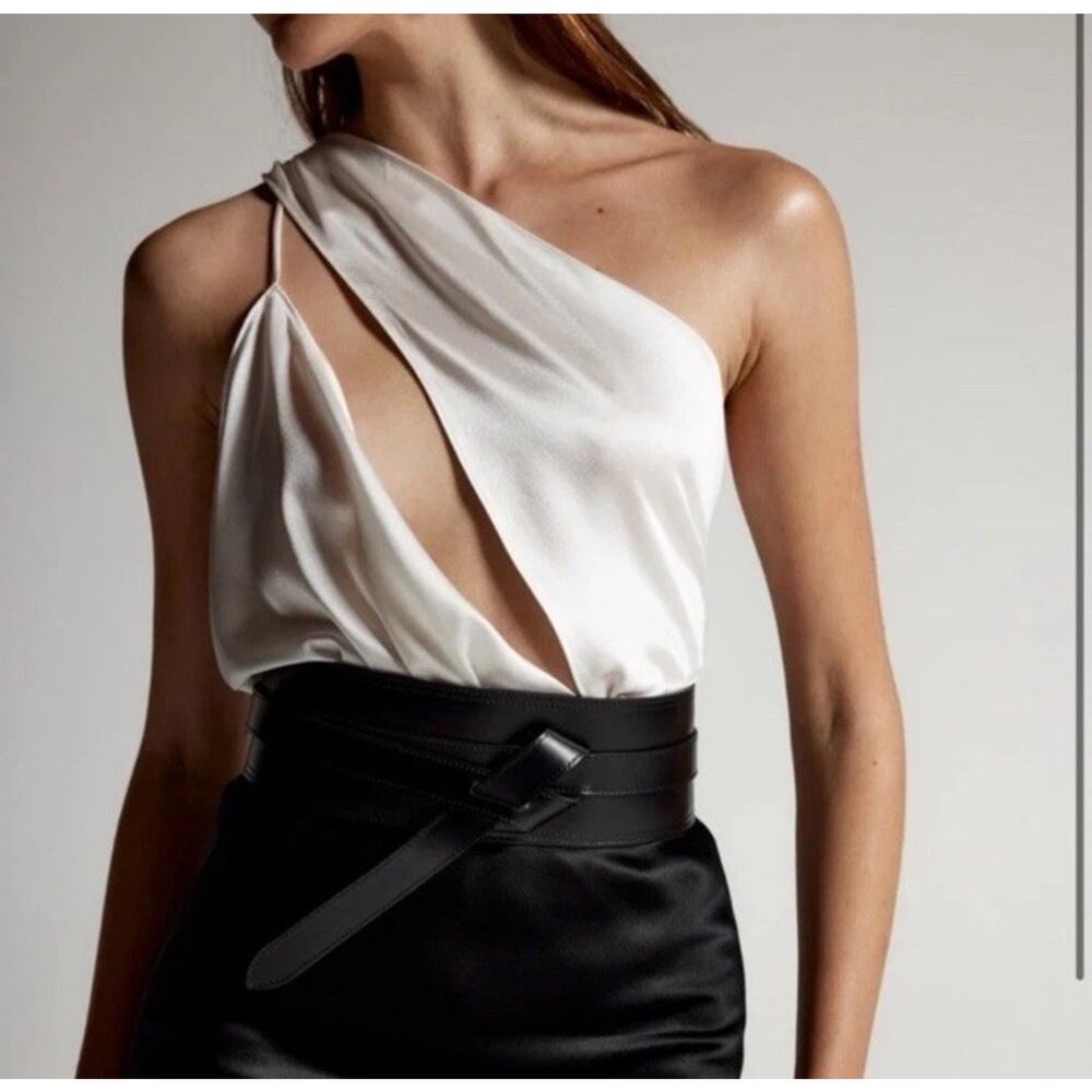 CLYQUE THE LABEL Bodysuit Top Womens XXL 100% Silk White One Shoulder Tara New